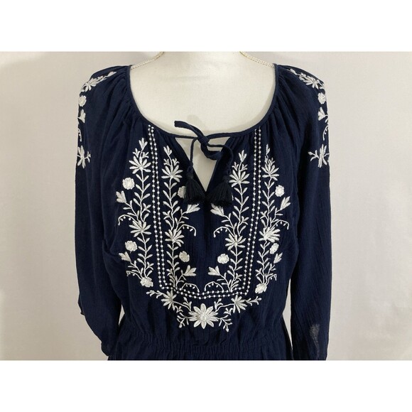 Talbots Dress Women’s M Blue Floral Embroidered Gauze A-Line Knee Length Boho - Picture 3 of 11